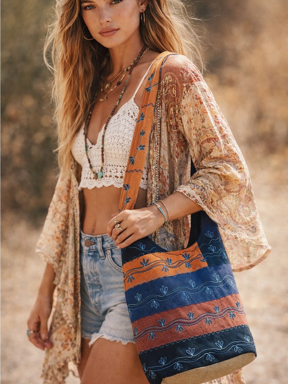 Boho Striped Embroidered Shoulder Bag Nepal in Blue & Orange